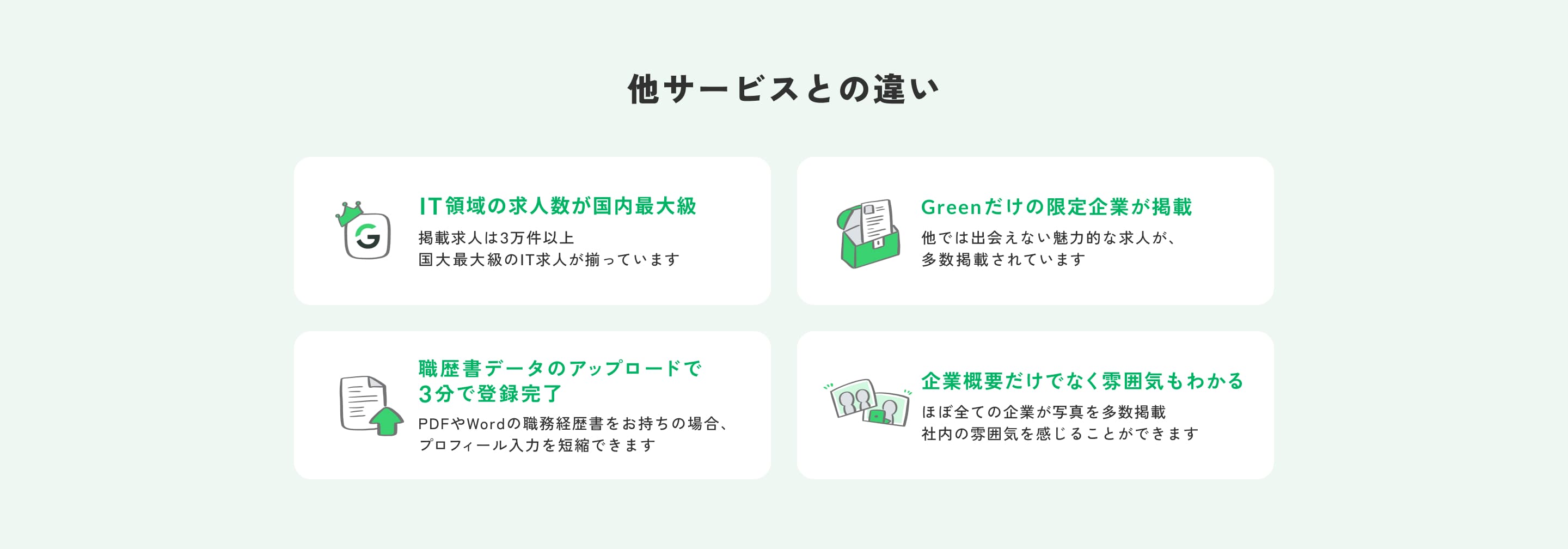 他サービスとの違い 求人数国内最大級・限定企業掲載・3分で登録完了・企業の雰囲気がわかる