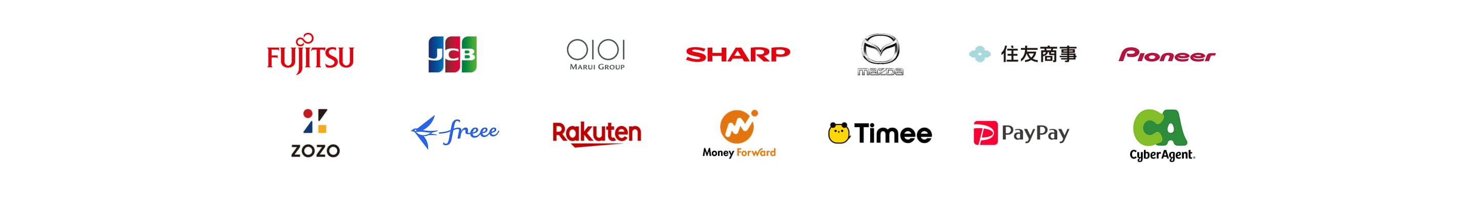 掲載企業の一例 FUJITSU、JCB、丸井グループ、SHARP、Mazda、住友商事、Pioneer、ZOZO、freee、Rakuten、Money Forward、Timee、PayPay、CyberAgent