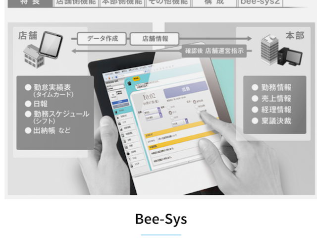 多くの小売業に導入されている「Bee-Sys」。HTML5+Ajax。タブレット対応。勤怠管理・店舗管理・売り上げ管理・データ分析。シフト勤務表対応。各種レポート。