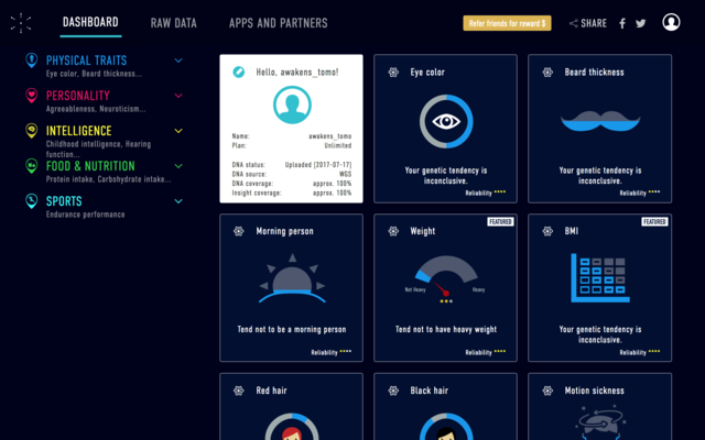 直感的なインターフェイスでDNAアイデンティティが確認できる。また、今後はAPIソリューションを通じて様々なDNA個別化プロダクトと連携予定。