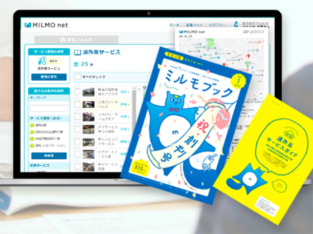 対象介護事業所の地域導入75％～97％シェアを誇る、介護サービスプラットフォーム『milmo net』。他事業の根幹をなす、ウェルモの核となるサービス。2040年までに介護市場が2.2~2.7倍まで拡大すると考えられる中、いまだ巨大プラットフォーマーは現れておらず、『milmo net』に高い注目が集まる。