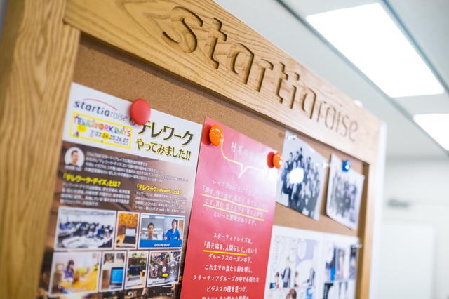 掲示板｜当社の社員が、社内制度「通称：ワクスタ」を活用して制作した木枠の掲示板です。社名の由来やイベントの写真等、様々なものが掲示されています！