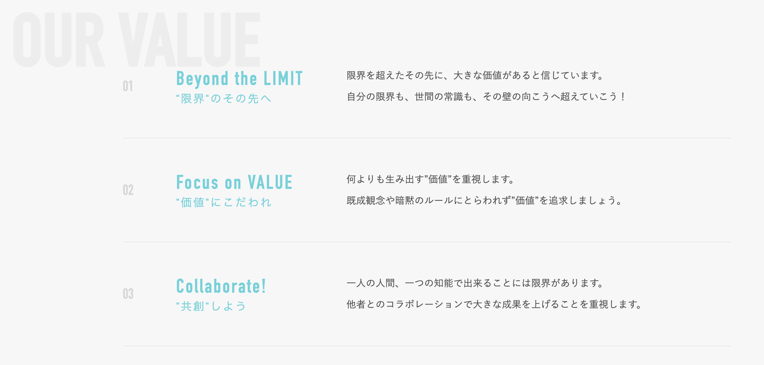 世の中の解決困難な課題に向き合うには、決して折れない強いマインドと強いチームが必要です。 コラビットのValueは、そのために大切にしている、私たちコラビット流の“やり方”です。