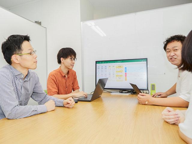 来年度の新卒教育に関する打ち合わせを、管理職・採用担当・教育担当で実施している会社風景 ※撮影時のみマスクを外しています