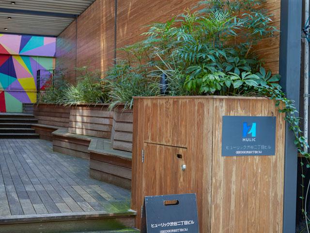 お越しの際には、ビルの裏側の入り口からもお入りいただけます。オフィス内もビル自体にもグリーンが多いのが特徴です。（人事：大島）