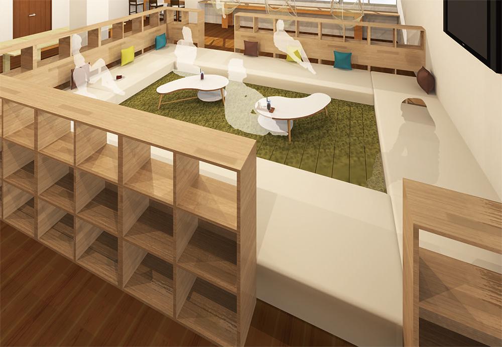 くつろぎながらアイデアを出せるブックカフェ風のリラクゼーションスペース。