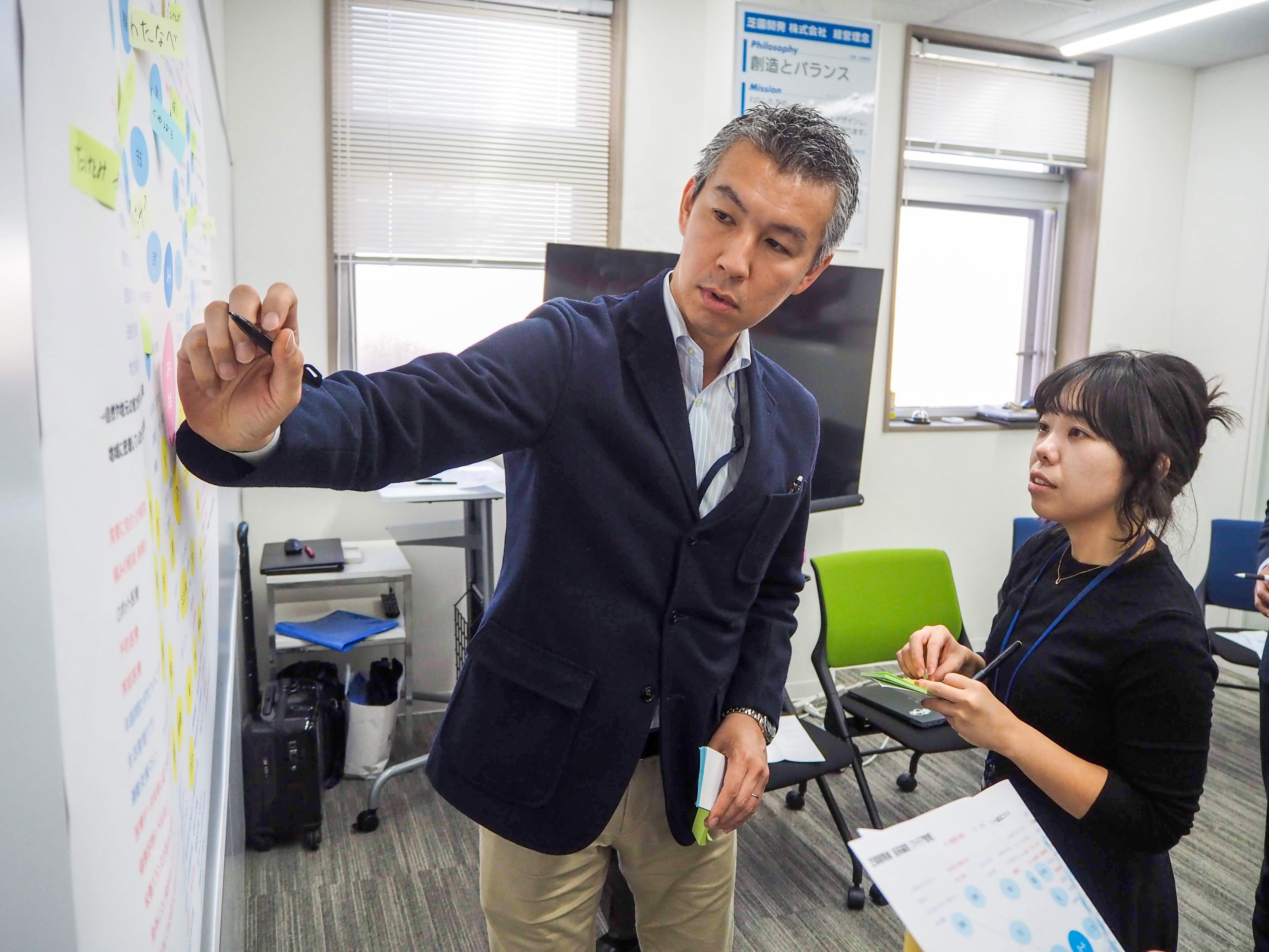 ブランディングプロジェクトの一幕。公共サービスサポート事業部の社員（左）と管理部の社員（右）の後ろでも各部署から集結したプロジェクトメンバーが意見を交わし合っていた。