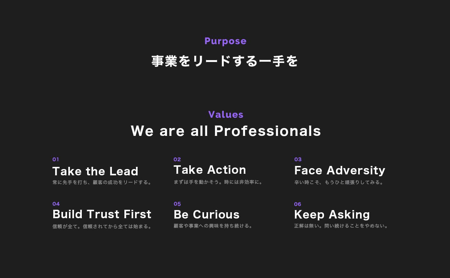 ビジネスのプロフェッショナルとして、営業のプロフェッショナルとして、事業や顧客をリードできているかを常に考え、行動します。PURPOSEの実現に向けて、一人ひとりが事業を"リード"する一手を考えられる組織を目指しています。