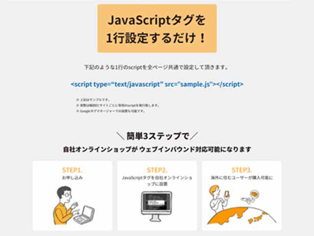 「WorldShopping BIZチェックアウト」 は、自社ECサイトにJavaScriptタグを１行追加するだけで、世界125ヶ国向け越境EC対応が可能になるサービスです。 