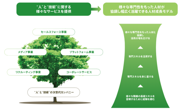 グローバルウェイの成長モデルは、其々の社員が多様な専門性を獲得し、専門性のシナジーを生かすことにより、さらに幅広く活躍・成長できることを目標としています。