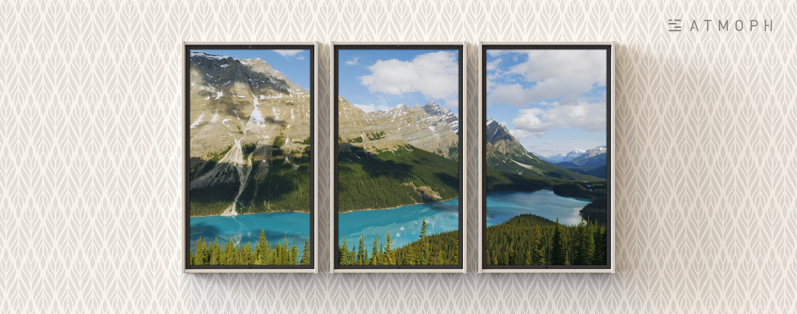 リアルの風景映像。カナダのバンフ国立公園にあるペイト湖 。その他、1,200本以上の風景映像から選択できます。映し出された映像を見て「実際にこの場所を訪れてみたい」と思ってもらえたらいいな、という願いもあり、撮影した場所の地図も表示しています。