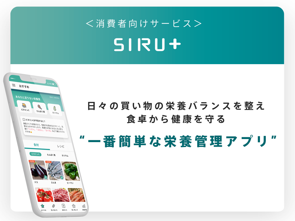 ▶︎ toC向け「SIRU＋（シルタス）」
買い物を自動で見える化、栄養バランスが整う買い方を提案することで、感覚的な買い物から計画的な買い物へ。