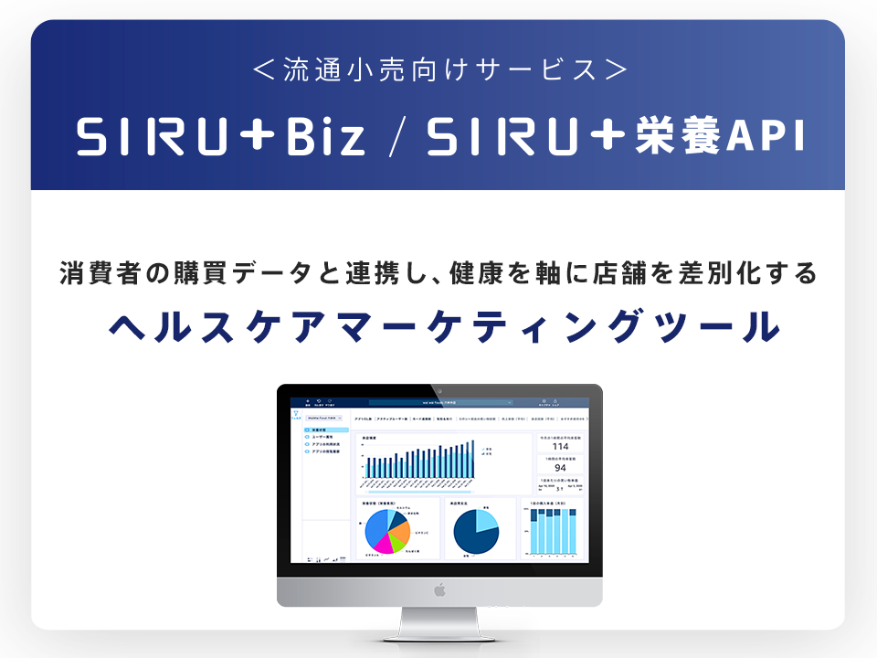 ▶︎ toB向け「SIRU＋Biz（シルタスビズ）」「SIRU＋API（シルタスAPI）」
ユーザーの栄養状態の把握、消費者ニーズを分析することで、売れるものを売る時代から必要なものを売る時代へ。