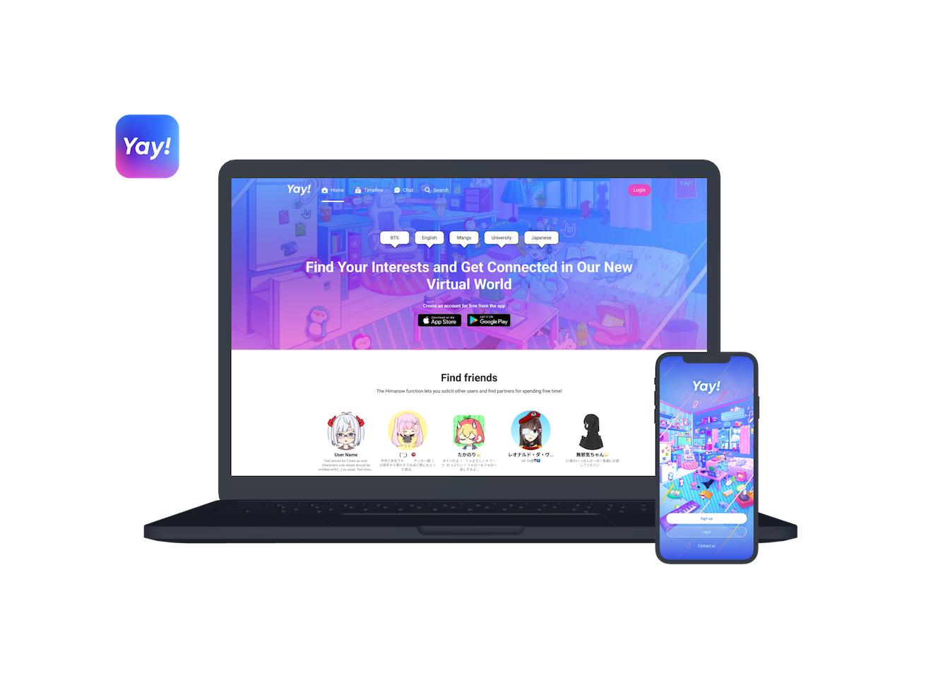 アプリアイコン、Web版Yay!のランディングページ、スマホ版Yay!のログイン画面
