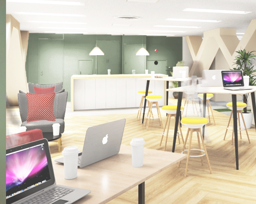 開放的なオフィスはフリーアドレスです。カフェスペースからはスカイツリーも見えます。