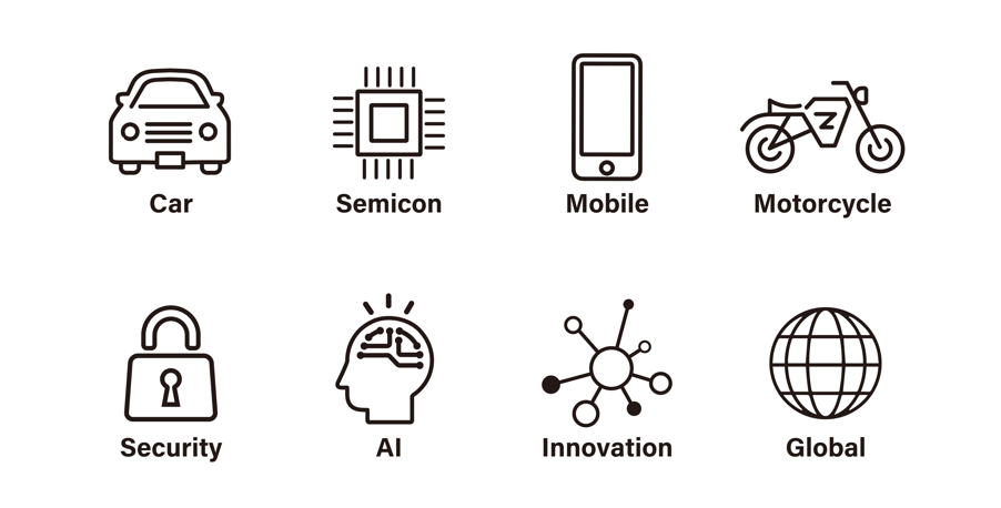■自動車機器　■半導体・電子デバイス　■モバイル機器　■ＩｏＴソリューション　■二輪用品　■オフショア事業　と幅広い事業領域で国内外の産業や消費を支えています。