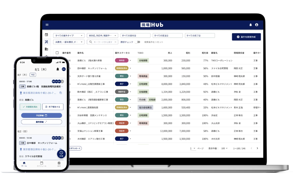 事業内容：工事・メンテナンス会社のための一元管理ツール「現場Hub」の開発