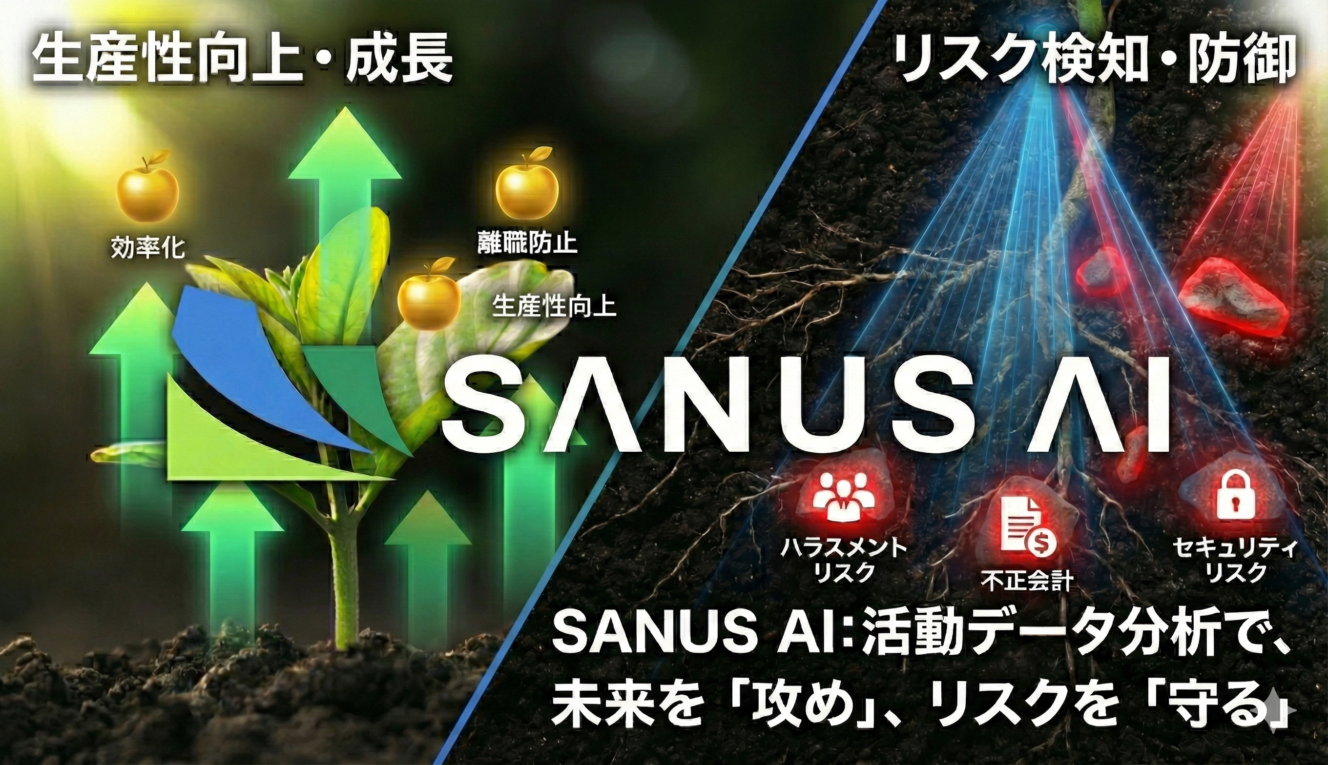 「SANUS AI」は、組織の「見えないリスク」と「生産性」を活動データから可視化する上場監査クラウドです。不正やハラスメントの予兆検知から、業務フローのボトルネック解消までを網羅。具体的な是正策をAIが提言し、守りを固めつつ攻めの経営を支える、強い組織作りを実現します。