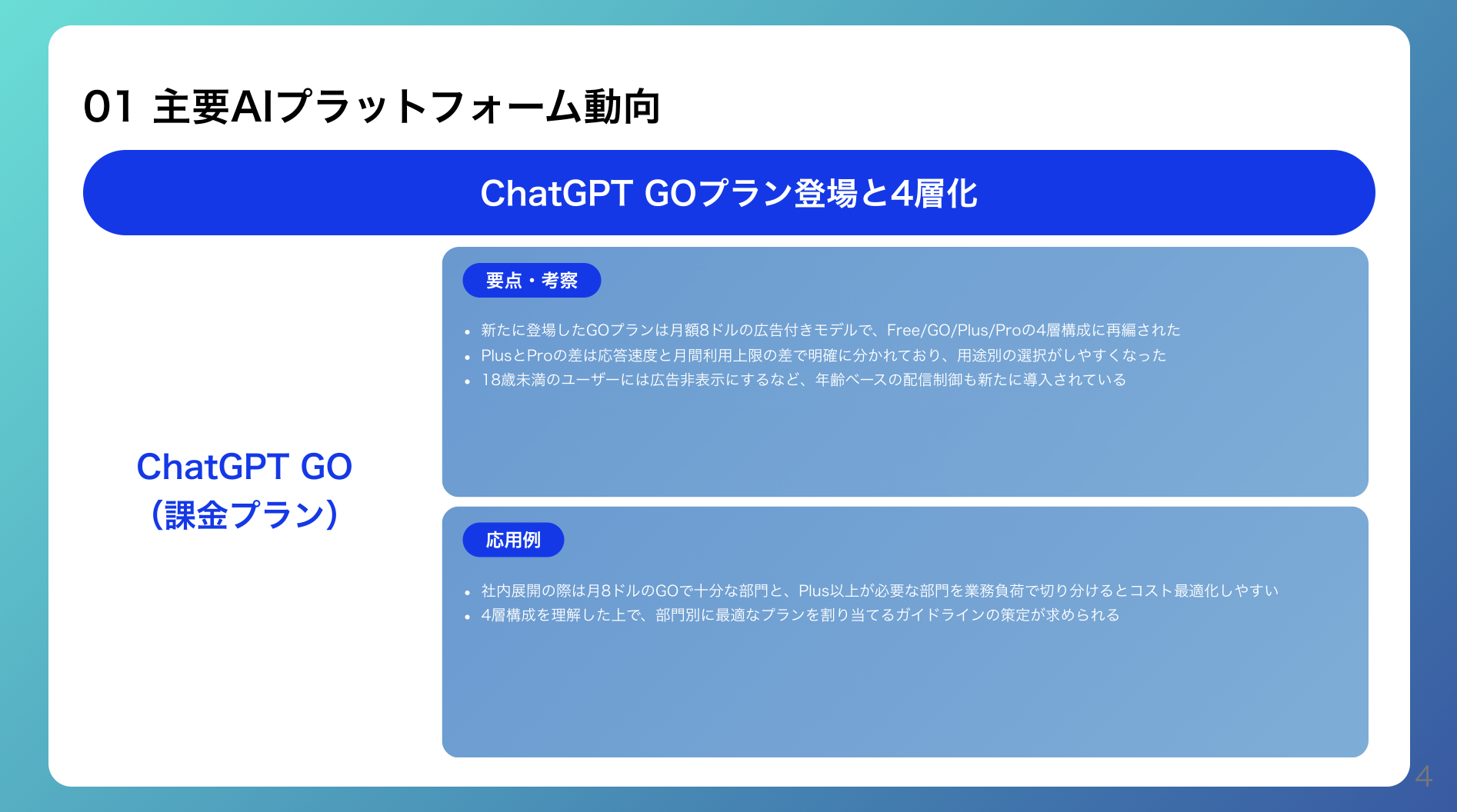 画像のように生成AIの第一人者であるUravation代表・佐藤傑氏を「AI顧問」に迎え、最先端の技術動向を毎月40枚超のレポートで受領しています。

内容はChatGPTの最新プラン活用術から実務への応用例まで多岐にわたり、これらメガベンチャー級の知見を全社員に共有。さらに、佐藤氏の指導のもと「AI駆動型開発」の標準化を推進中です。単なるツールの利用に留まらず、次世代の開発プロセスを自らの手で構築・実践できる環境が、あなたのエンジニアとしての市場価値を劇的に高めます。