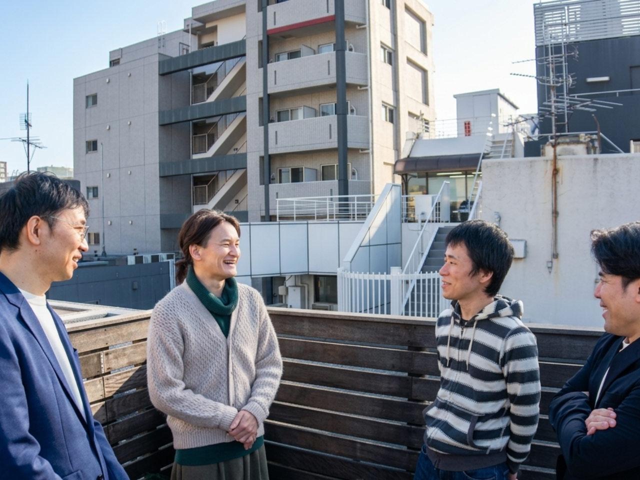 オフィスビルの屋上はテラスで自由に出入りが可能