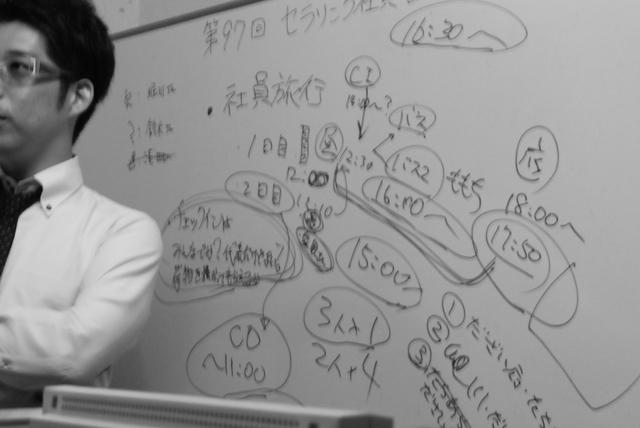 社員会での一幕。これは社員旅行を打合せ中。