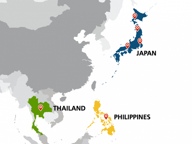 社員は、北は北海道から、南は九州まで、またタイ、フィリピン、オランダなど世界各地にも点在しています。